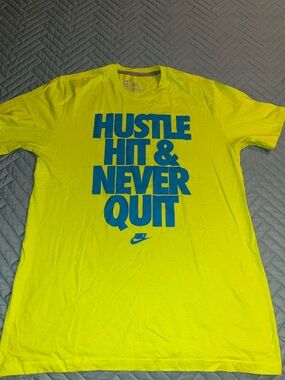 Nike Men’s Neon Yellow Graphic Tee with Blue Text